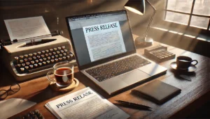 DALL·E A hyper realistic scene depicting the act of writing a press release The image features an ultra detailed, well organized desk with a sleek laptop op